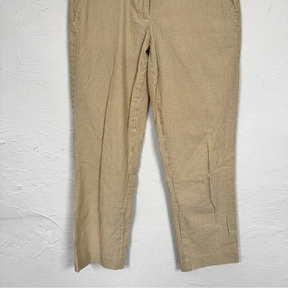 J Crew Tan White Stripe Seersucker Cropped Trouser Pants Womens 0 Beach Nautical